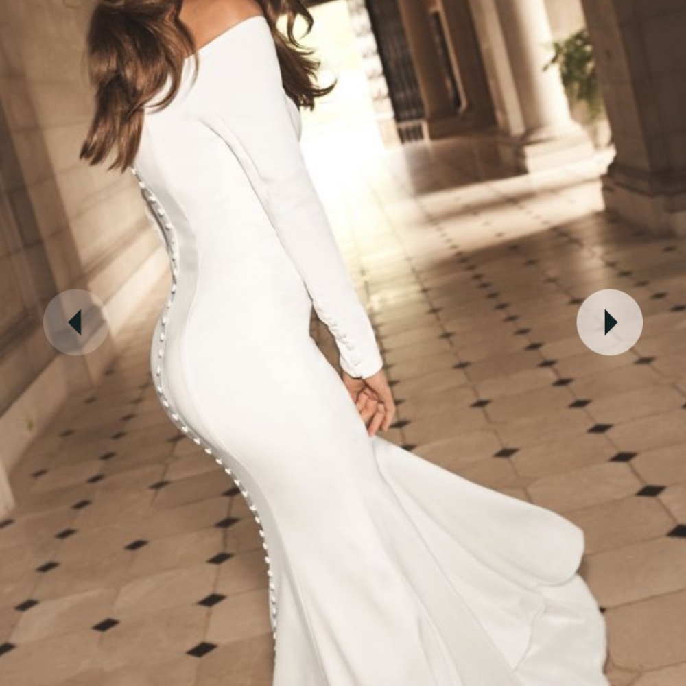 off-the-shoulder buttoned back crepe wedding dress